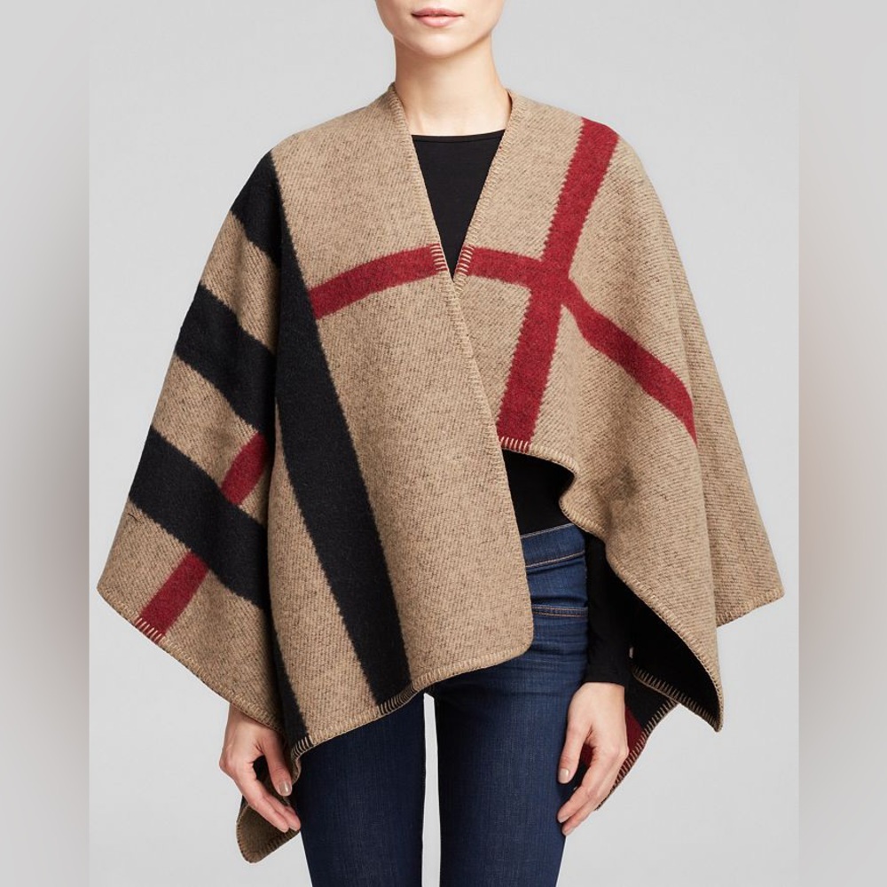 BURBERRY Mega Check Reversible Wool Cashmere Cape Wrap Poncho Camel Black